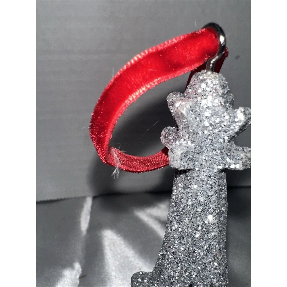 Silver Glitter Eiffel Tower Christmas Ornament Paris France Red Velvet Ribbon